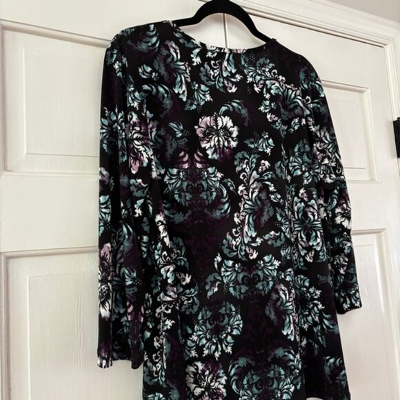 Chico's Size 2‎ Purple Black Teal Floral V Neck Blouse Chicos Large Flowy Slinky - Picture 7 of 8